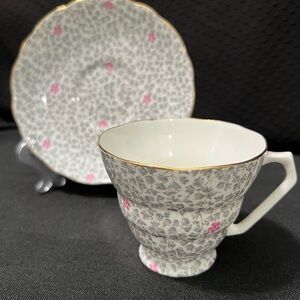 Radford Crown China Gray and Pink Floral Tea Cup and Saucer Set